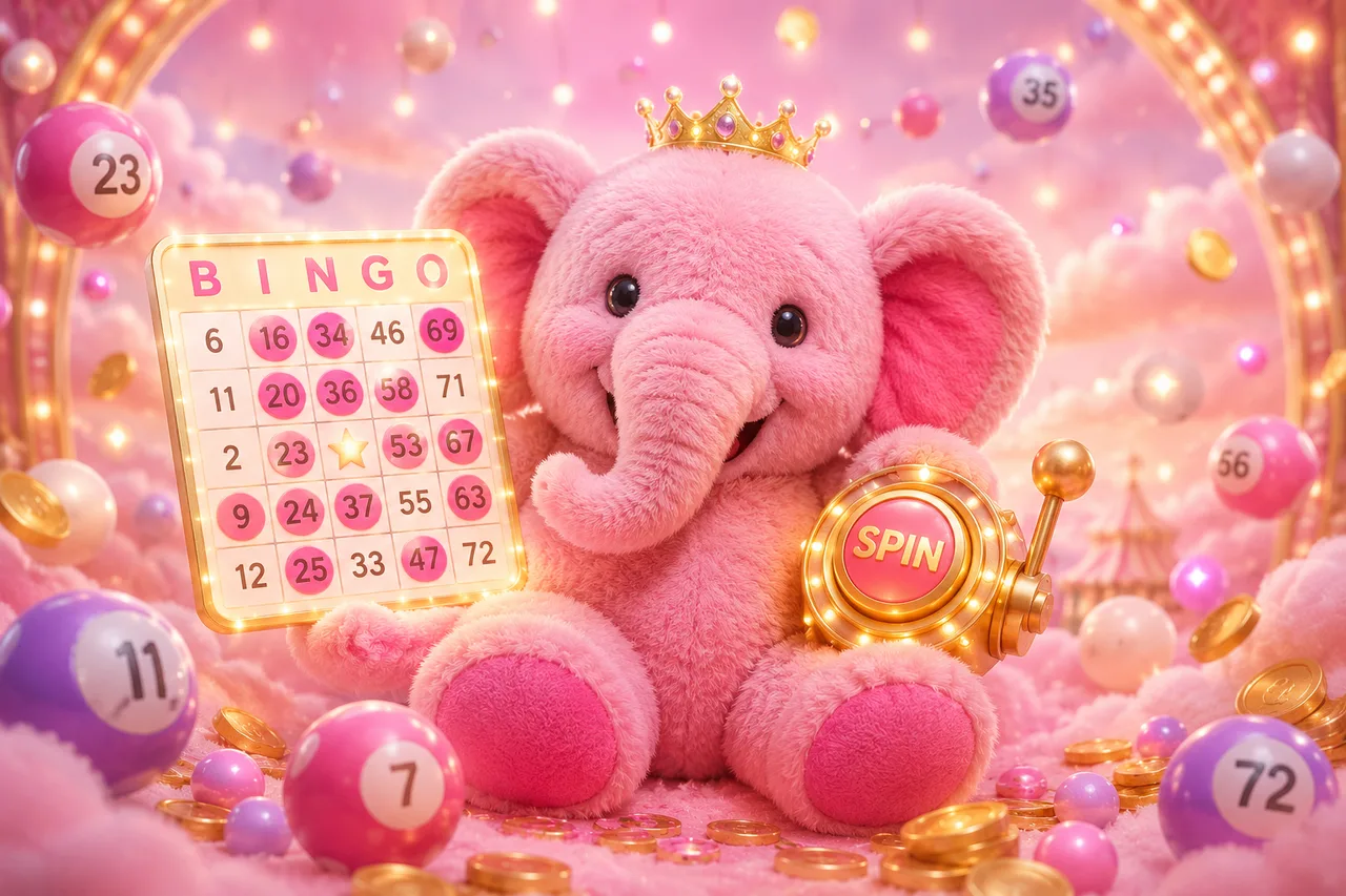 Fluffy Favourites pink elephant holding a bingo card and slot spin button