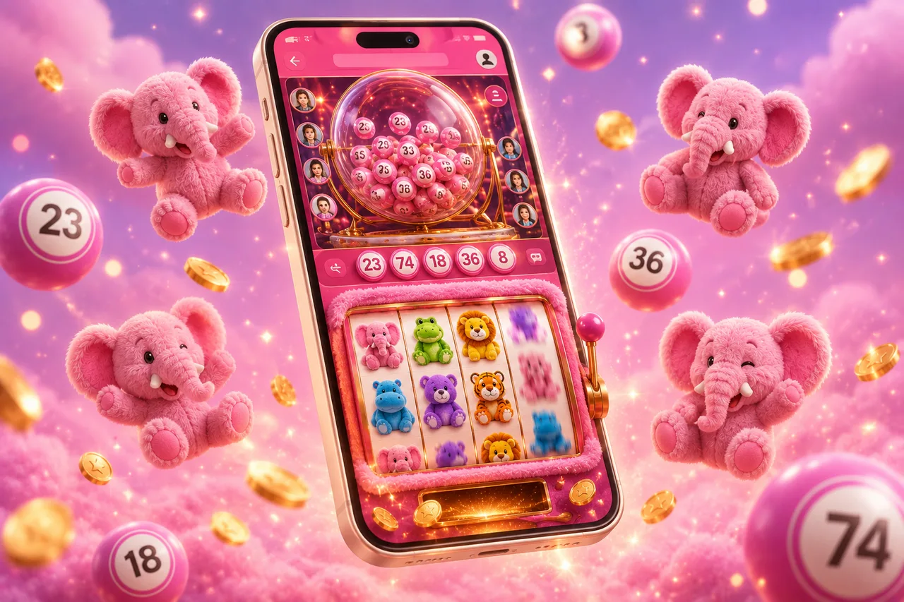Smartphone showing a bingo room and Fluffy Favourites slot together on one screen
