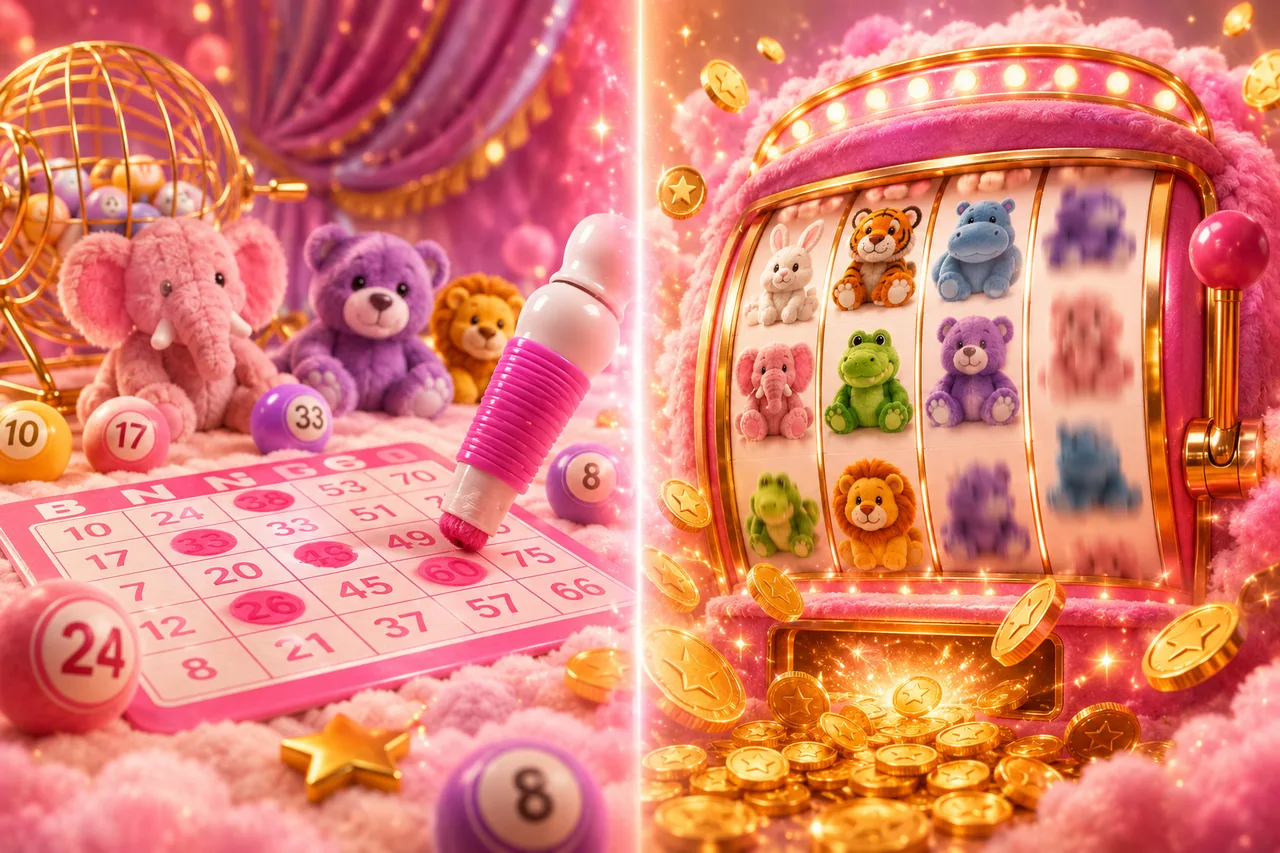 Split scene showing a bingo card and dauber on one side and a Fluffy Favourites slot on the other