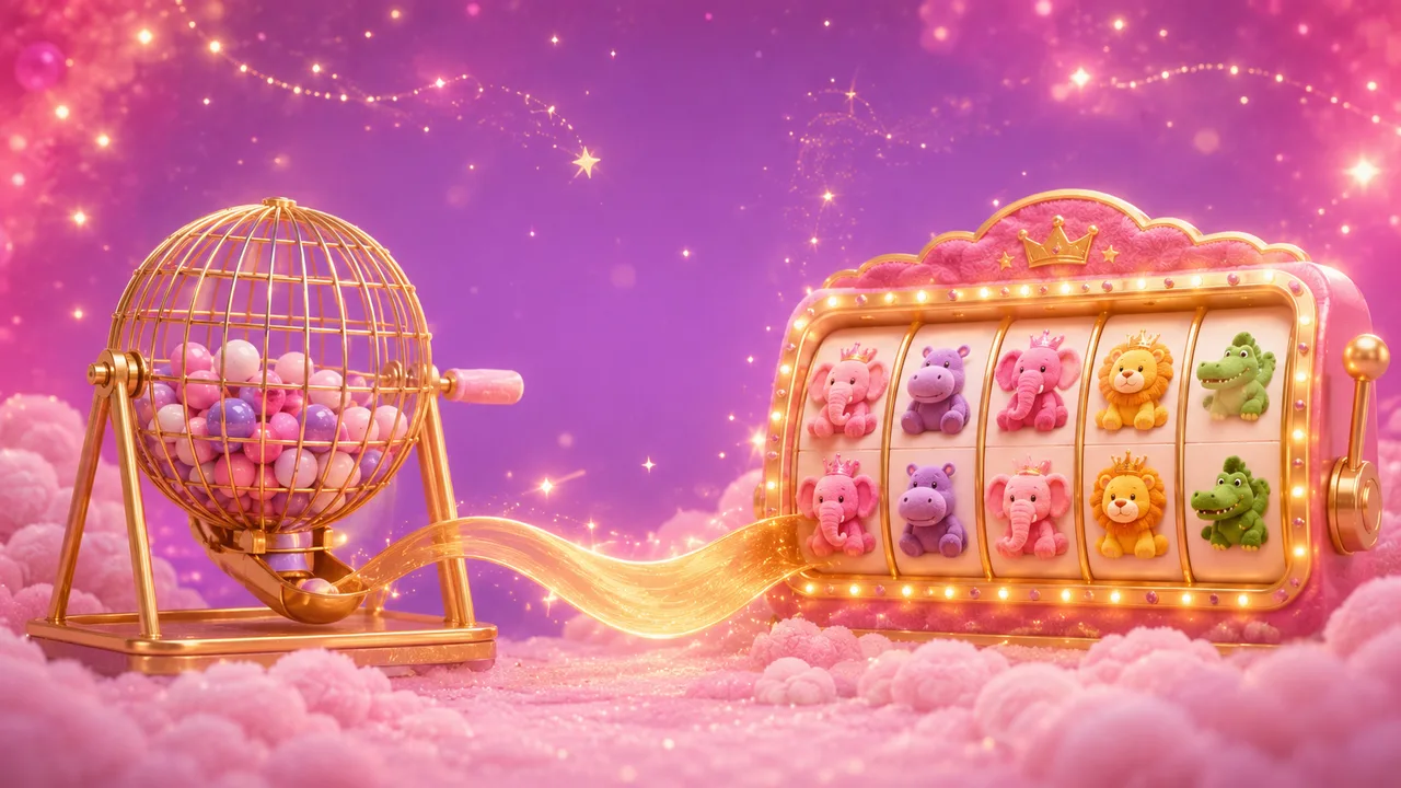 Golden bingo ball cage connected to a Fluffy Favourites slot machine by a ribbon of light