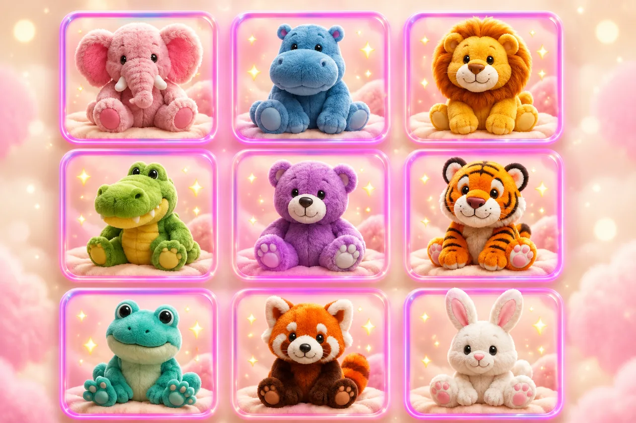 Grid of nine plush toy animals representing the Fluffy Favourites game family