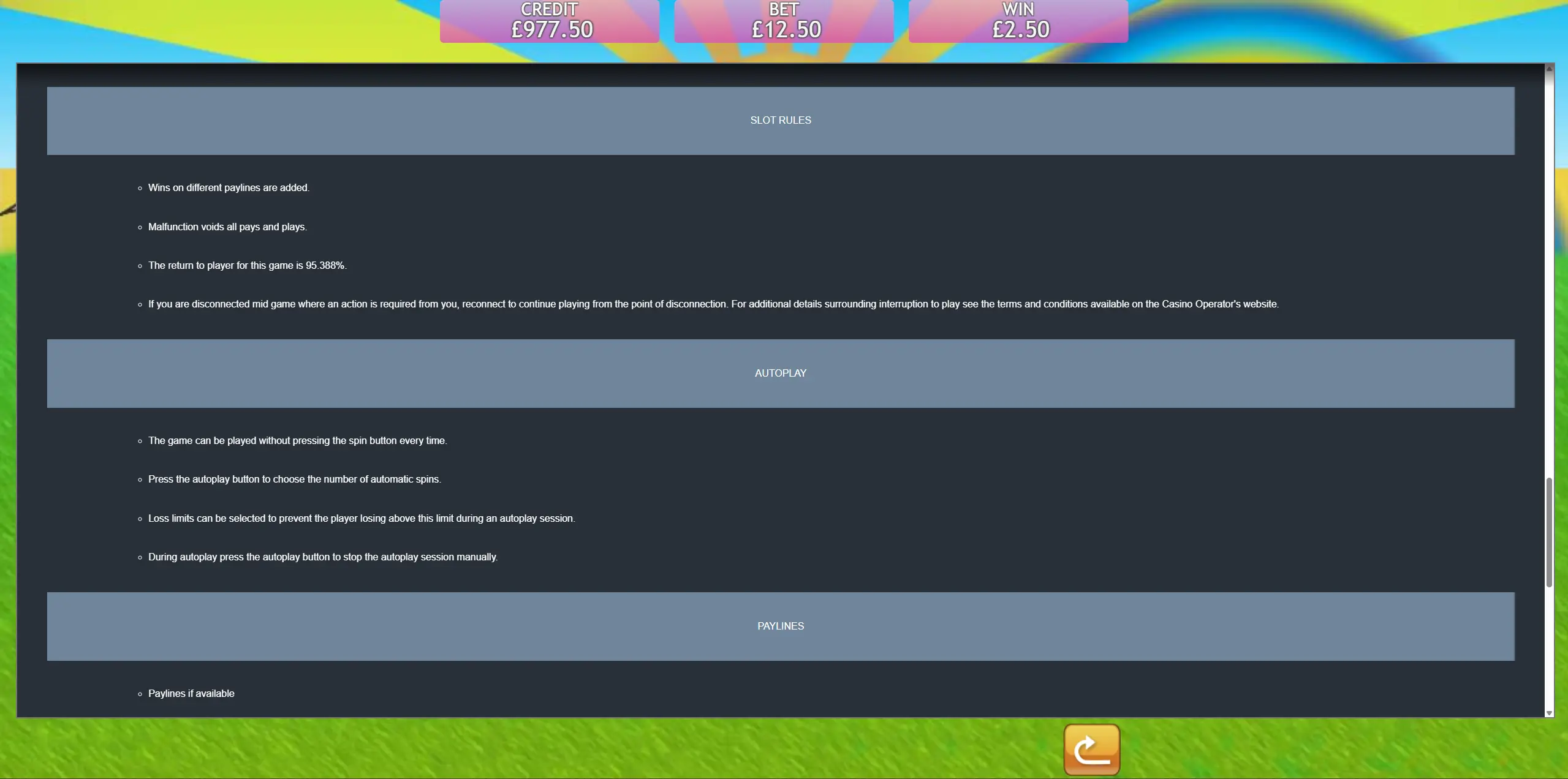 Fluffy Favorites slot rules and autoplay screen showing the RTP