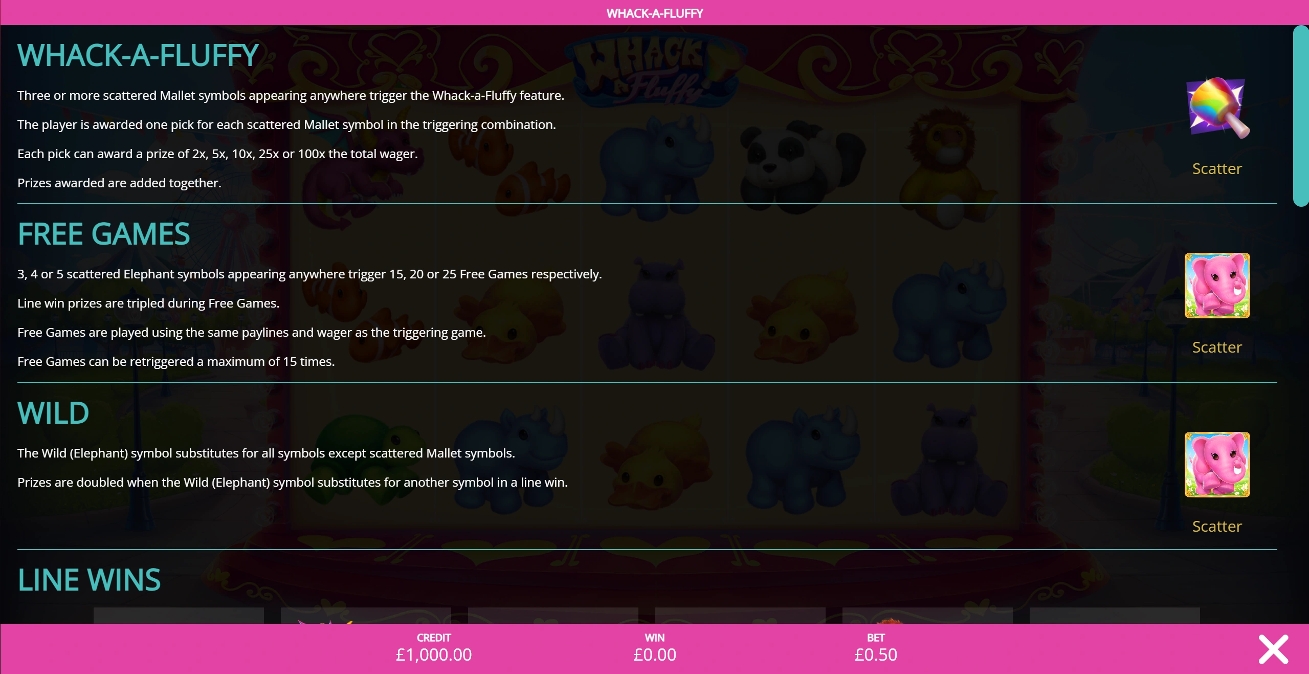 Whack a Fluffy mallet bonus, Free Games and wild